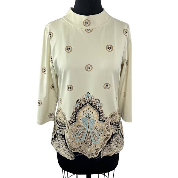 J.McLaughlin Cream Mock Neck 3/4 Sleeve Catalina Cloth Paisley Tunic Sz M Medium - Picture 1 of 10